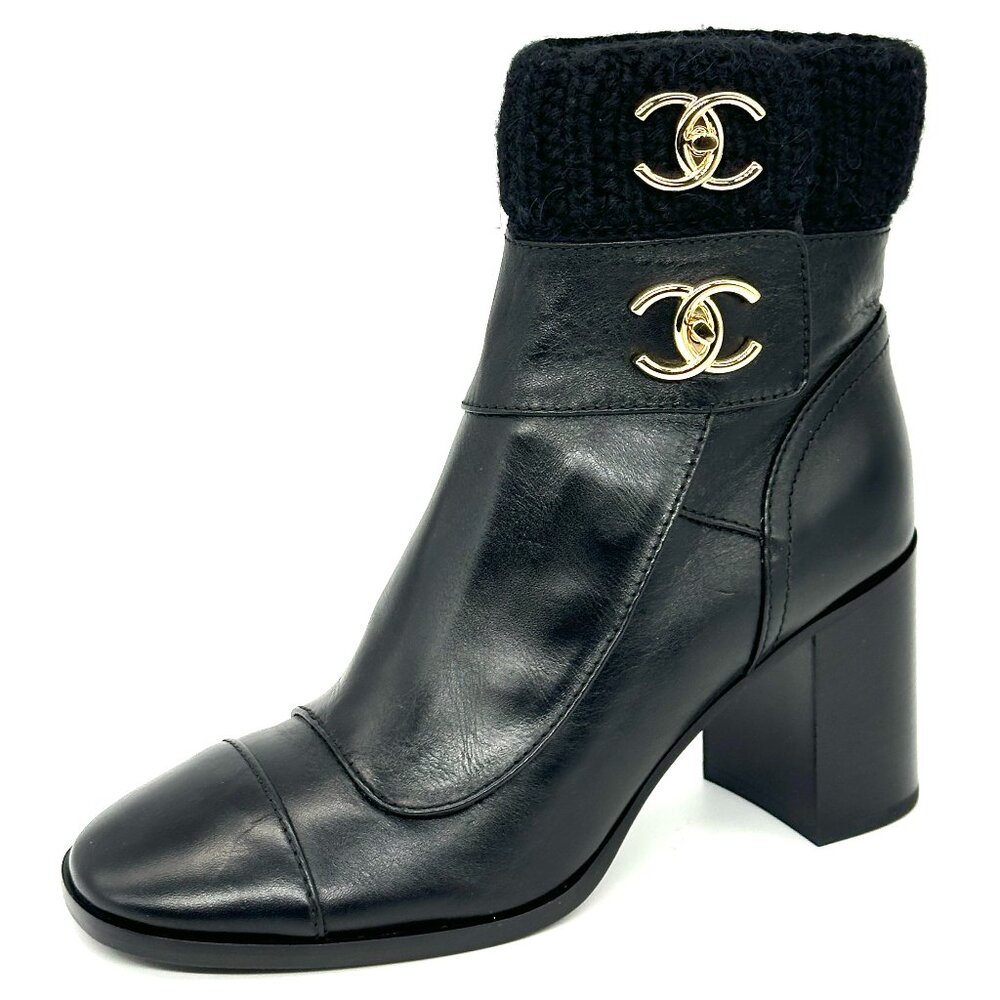 CHANEL 23K 2023 Turnlock CC Leather Knit Cuff Ankle Bootie Boots Heels - Picture 2 of 16